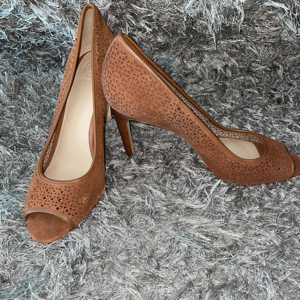 Tory Burch Suede Laser -Cut Peep-Toe Pumps